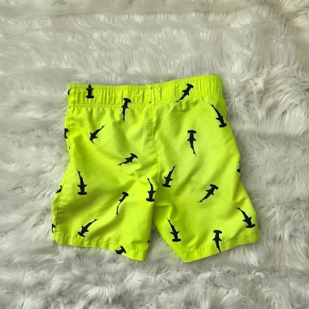 OP KIDS SWIM SUIT LINED WITH ELASTIC WAIST NEON GREEN BLUE SHARKS SIZE XS